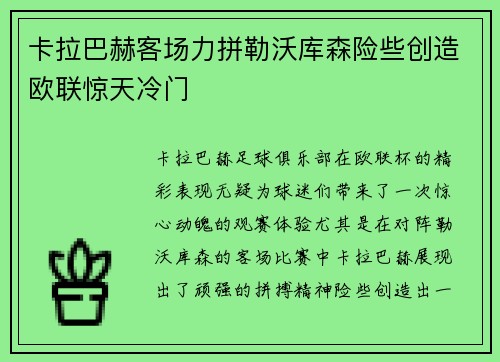 卡拉巴赫客场力拼勒沃库森险些创造欧联惊天冷门 卡拉巴赫客场力拼勒沃库森险些创造欧联惊天冷门