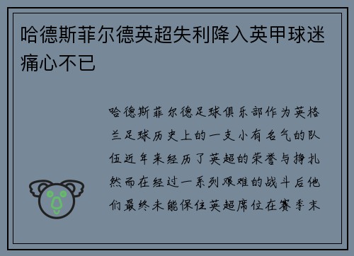 哈德斯菲尔德英超失利降入英甲球迷痛心不已